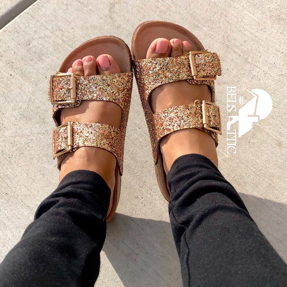Gold Glittered Double Strap Sandal Slides - Picture 5 of 6